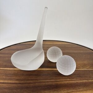 Frosted‎ Golf Paperweight Set:  Club Head & 2 Dimpled Crystal Golf Balls